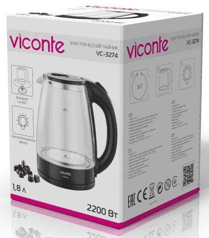 Чайник электрический 1,8л VICONTE VC3274 2200Вт стеклянный корпус, Россия